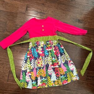 Colorful Long Sleeve Dress with Green Sash